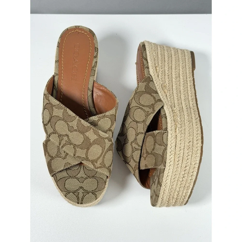 Womens Size 7.5B Coach Slide Espadrille Wedge With Signature Coach Print